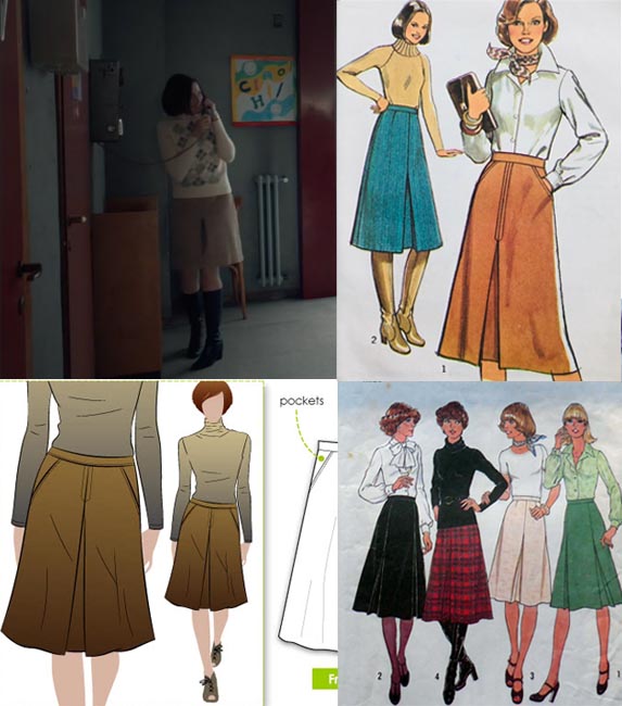 Clockwise from left: Pia's front pleat skirt on set, vintage pattern Style 2025, vintage pattern Simplicity 7625, Hepburn Riding skirt from Style Arc